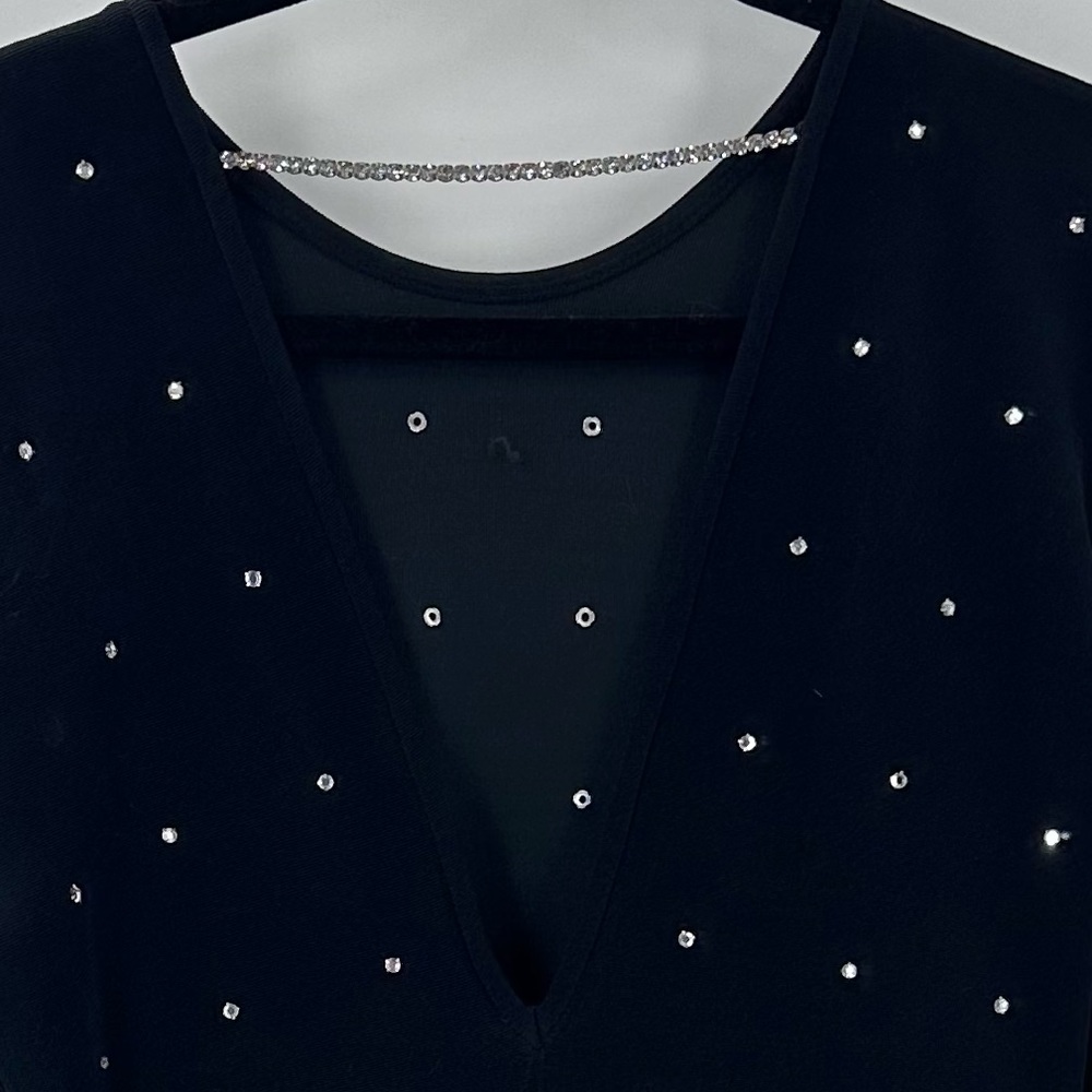 VTG 1980s Tadashi Dress Black Diamond Rhinestones Long Sleeves Medium | R1404 - Picture 8 of 10